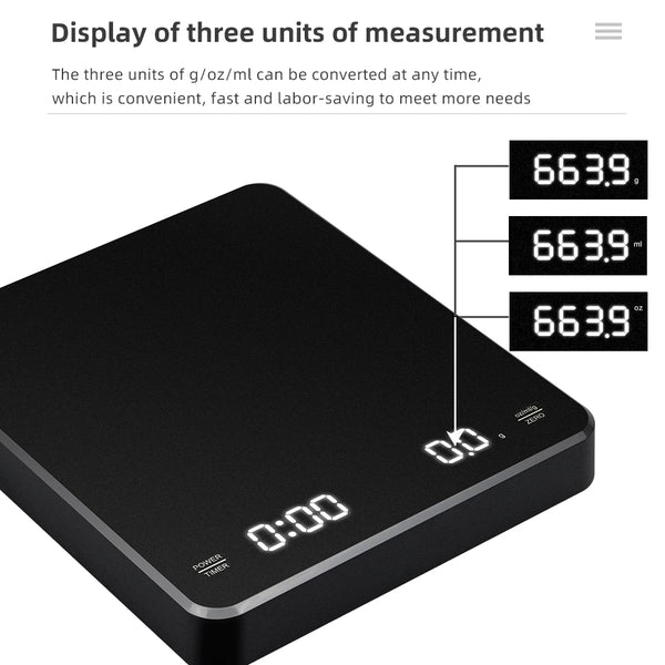 0.1G/3Kg Digital Coffee Scale with Timer LED Screen Espresso USB Weighing High Precision Measures in Oz/Ml/G Kitchen Scale